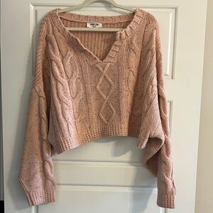 Pink Cable Knit V-Neck Sweater